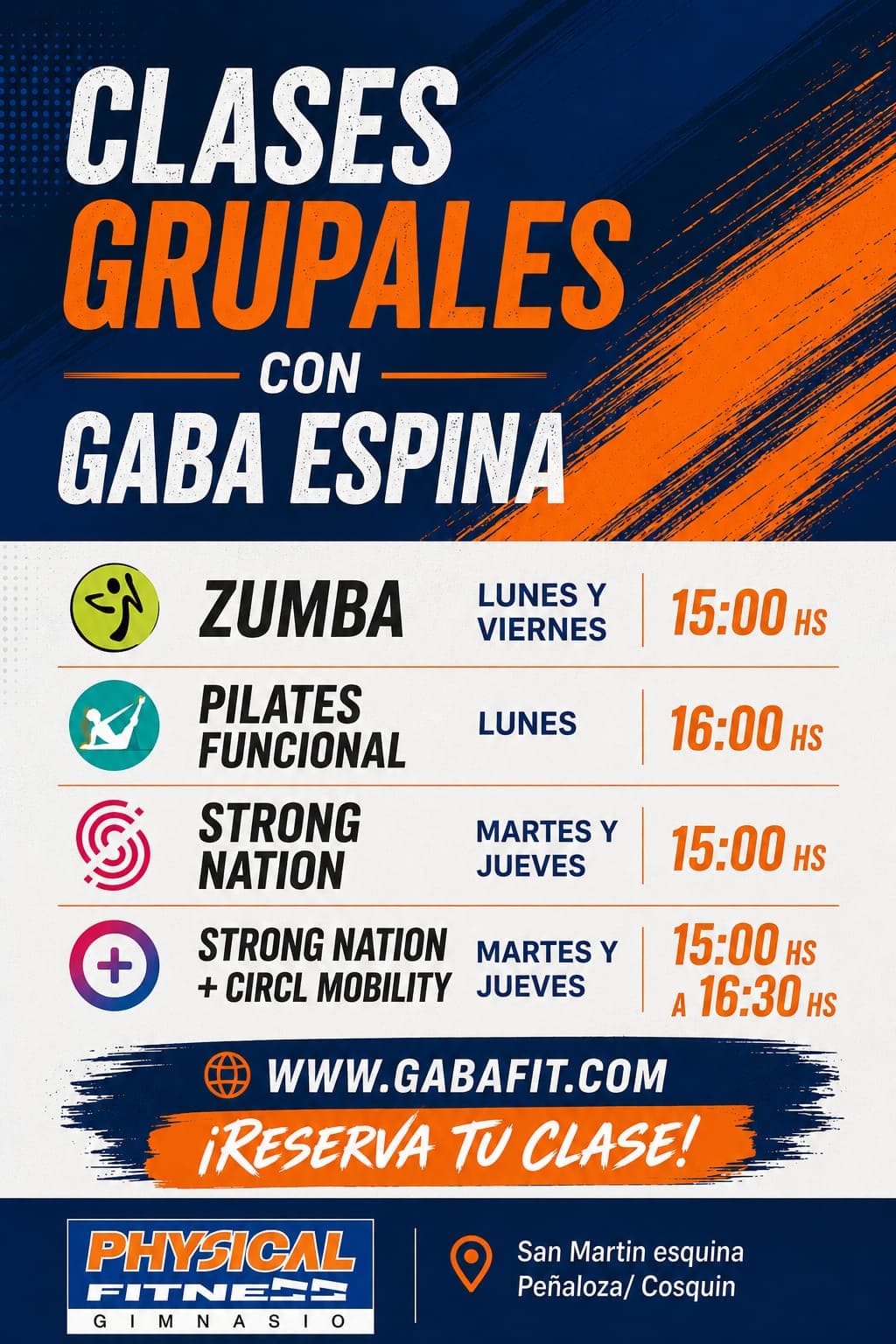 Horarios de clases grupales con Gaba Espina en Physical Fitness Gym, Cosquín
